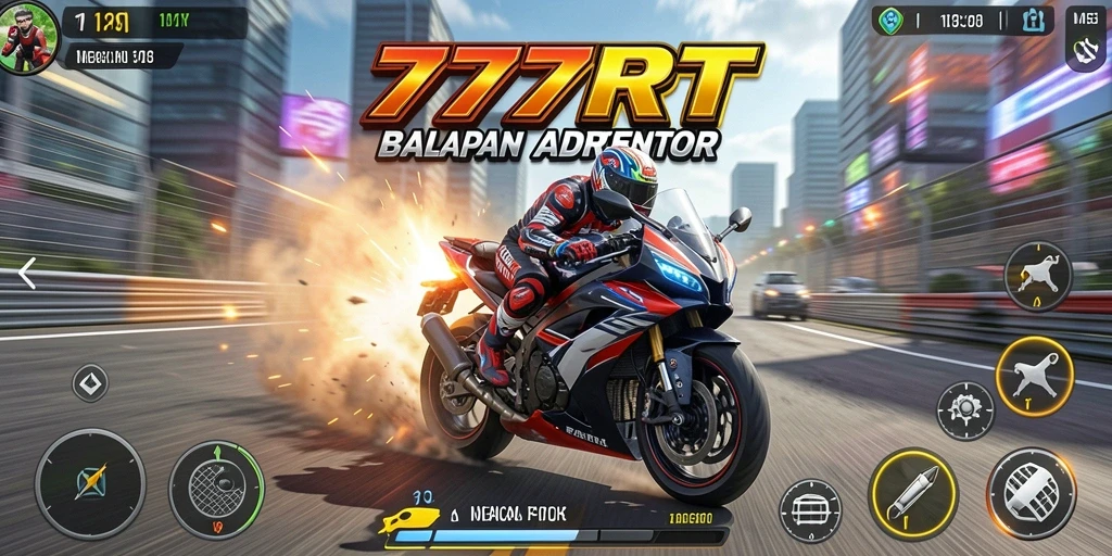 Tampilan gameplay mendebarkan dari 777RT di lintasan balap motor.