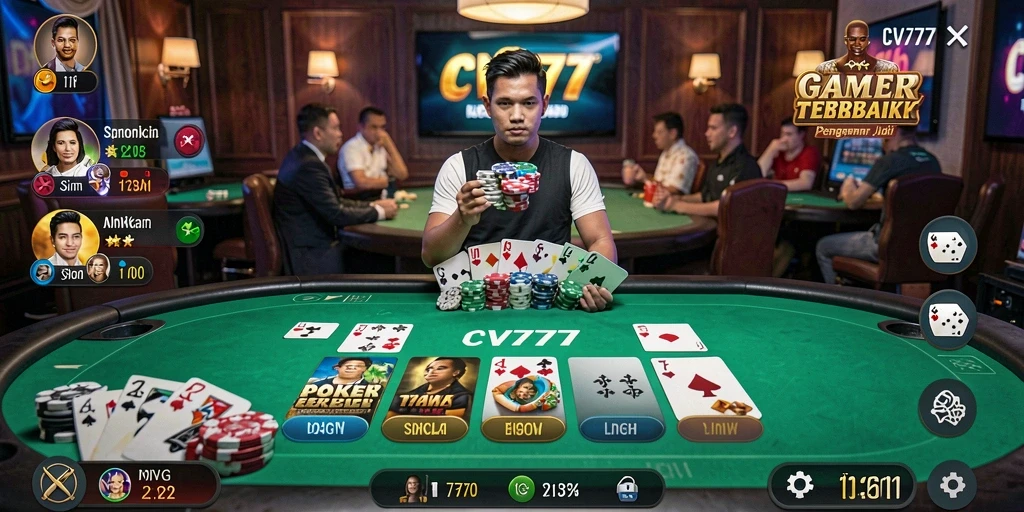 Screenshot CV777 menampilkan suasana intens permainan Poker yang seru.