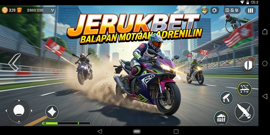 Gameplay JERUKBET dengan motor balap yang mendebarkan di lintasan.