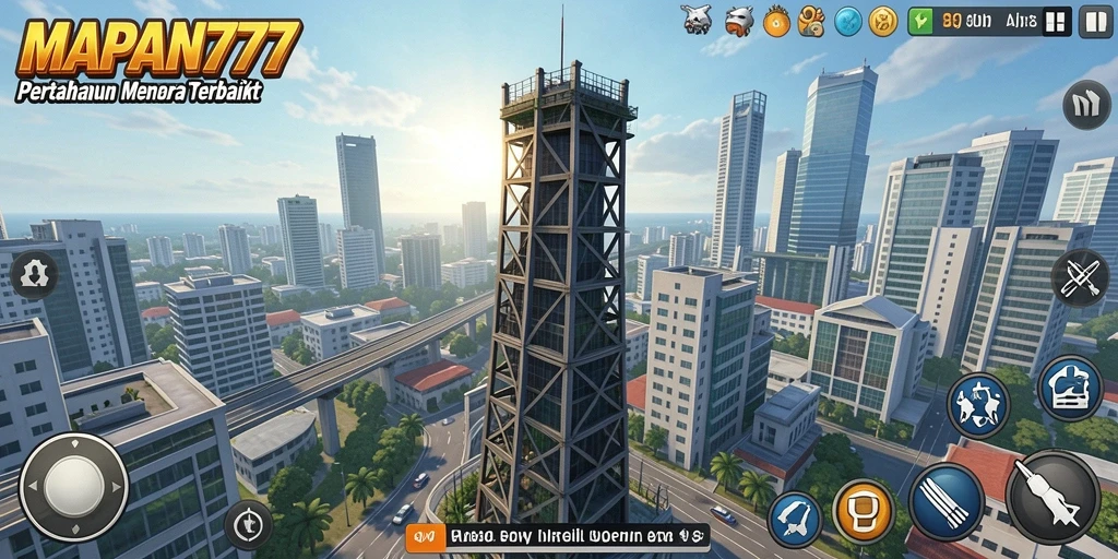 Tampilan gameplay MAPAN777 saat menara menembak musuh.