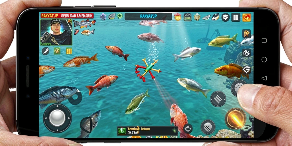 Tampilan gameplay RAKYATJP yang mendebarkan dalam Tembak Ikan.