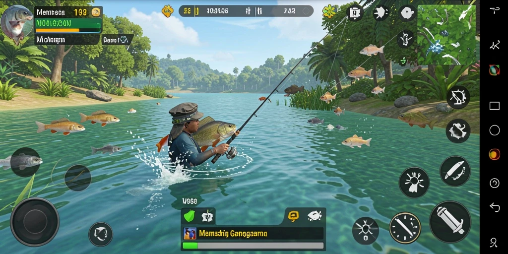 Tampilan antarmuka V98 dengan gameplay memancing yang mendebarkan.